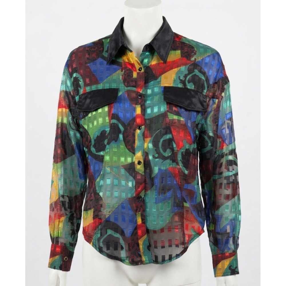 Vtg 90s Mesmerize by Kamaxam Abstract‎ Satin Blouse L Artsy Maximalist Geometric